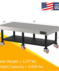 Heavy Duty Welding Fixture Table 96X48X36 Steel Workhorse With Built In Shelf Precision Laser Grid view with measurements and silent casters.