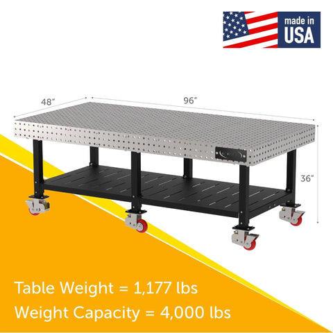 Heavy Duty Welding Fixture Table 96X48X36 Steel Workhorse With Built In Shelf Precision Laser Grid view with measurements and silent casters.