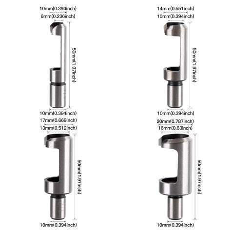 Heavy Duty Wood Plug Cutter Drill Bit Set Four Piece Carbon Steel Titanium Coated Straight Cutters For Woodworking And Diy Projects Built Tough shown in sizes.