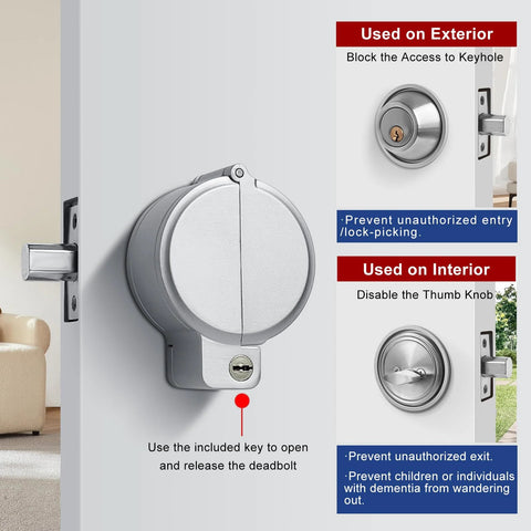 MOSECYOU deadbolt security guard device on exterior door; round metal shield protects keyhole and thumb turn.