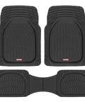 Premium Quality Heavy Duty Hella Durable All Weather Floor Mats Deep Dish Waterproof Trim To Fit Black Rubber Guard Set for Cars Trucks SUVs, two front mats and one rear mat.