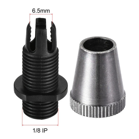 Cable Glands Strain Relief Wire Connectors For Hanging Lights And Ceiling Pendants Black Metal 5 Pack One Eighth IP Thread Protect Wires From Loosening And Rotation, showing front and side view of 1/8 IP thread cable glands.