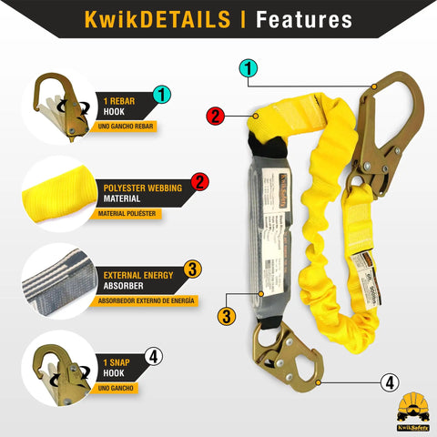 Top Tier 6Ft Single Leg Safety Lanyard Featuring An External Shock Absorber Pack For Roof Work And Fall Arrest Gear with rebar hook.