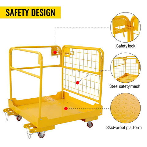 Heavy Hitter 36X36 Forklift Safety Cage With Foldable Man Basket 1200 Lb features safety lock, steel mesh, and skid-proof platform.
