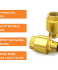 Two brass check valves with BSP threads (male and female ends), shown in front and side views