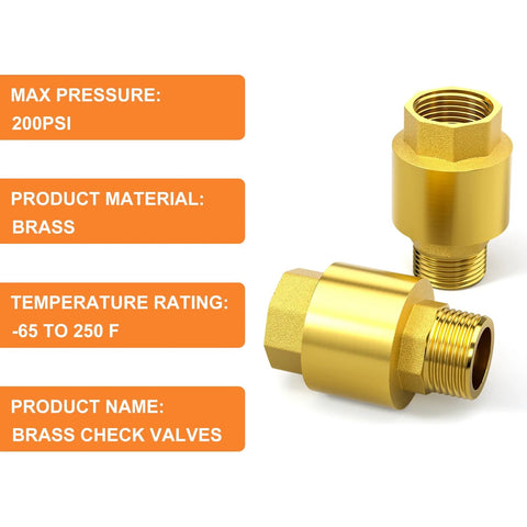 Two brass check valves with BSP threads (male and female ends), shown in front and side views