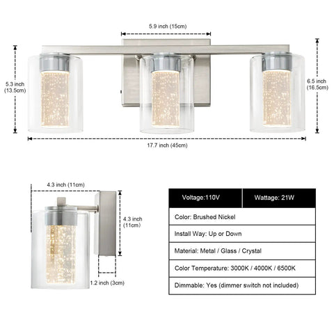 Three Light Brushed Nickel Vanity Light With Three Color Modes 3000K 4000K 6500K Eye Protection LED Bathroom Fixture dimensions