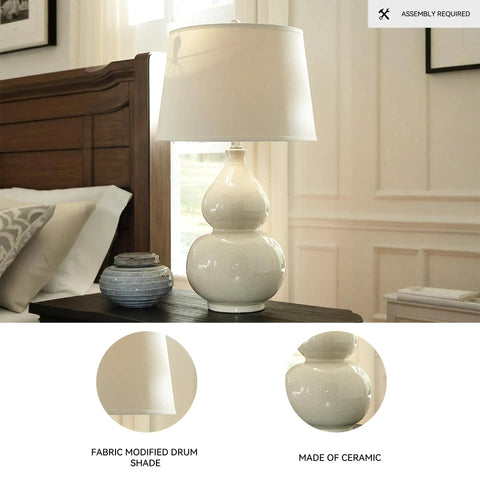 Cream Ceramic Table Lamp With Fabric Shade, Double Gourd Base, 3-Way Switch, UL Listed on bedside table in cozy bedroom