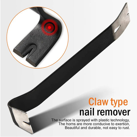 Close-up of 15 Inch Crow Bar Tool For Prying, Scraping, Lifting And Nail Pulling with claw type nail remover feature.