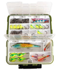 Floating Double Sided Fishing Tackle Box With Adjustable Dividers 19 Dividers To Create Up To 30 Compartments opened with lures