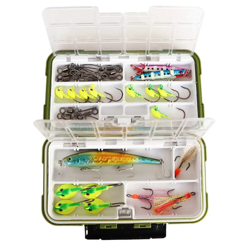 Floating Double Sided Fishing Tackle Box With Adjustable Dividers 19 Dividers To Create Up To 30 Compartments opened with lures