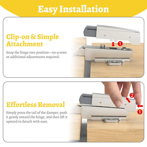 10 Pack Soft Close Motion Damper Mechanisms For Full Overlay Hinges Smooth Slow Straight Arm Clip Top Retrofitting Easy Install Attachment Concealed Cabinet Door Replacement Hardware Upgrade clip-on damper on cabinet hinge, easy install and removal