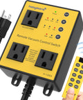 Front view of yellow remote vacuum control switch with two outlets and a handheld remote.