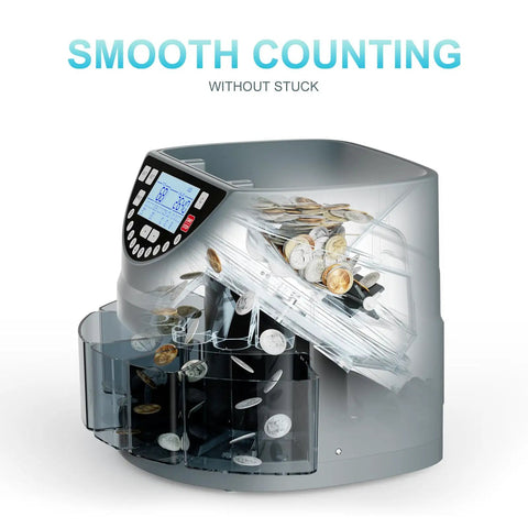 Coin Counter And Sorter With TFT Display For Five Denominations Up To 300 Coins Per Minute showing smooth counting process.