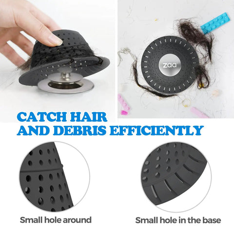 Total Game Changer Durable Silicone Drain Protector And Hair Catcher Plug For Bathroom Sink And Tub, flexible black design with small holes and hair.