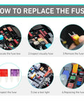Instructions for replacing fuses in a vehicle fuse box, visual guide for using Top Shelf Automotive Mini Blade Fuses Assortment.