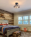 Industrial Flush Mount Ceiling Light With Retro Wood Circle Shade in cozy bedroom setting