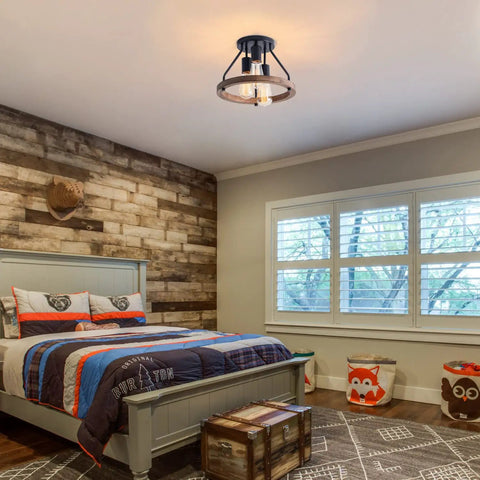 Industrial Flush Mount Ceiling Light With Retro Wood Circle Shade in cozy bedroom setting