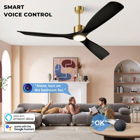 Dope 52 Inch Ceiling Fan With Lights For Indoor Outdoor Patio 3 Blade Matte Black And Gold Finish Remote Control Alexa Built In Smart Fan Voice Activated Lighting And Speed Quiet Energy Efficient Motor in a modern living room setting."