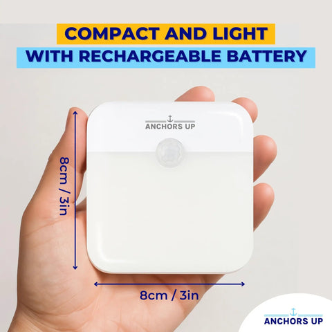 Person holding Two Pack Cruise Cabin Magnetic Night Light Mount With Motion Sensor USB Rechargeable LED Warm White For Carnival Royal Celebrity Norwegian Ships Ideal For Nighttime Navigation And Safety In Dark Cabins On Any Cruise Ship.