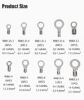 Chart showing various sizes of Uninsulated Ring Terminals Brass Ring Connectors For Crimp On Wiring Tin Plated Wire Terminals AWG 22 To 16 16 To 14 14 To 12 12 To 10 Durable Corrosion Resistant Electrical Connectors For Batteries And Automotive Projects.