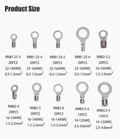 Chart showing various sizes of Uninsulated Ring Terminals Brass Ring Connectors For Crimp On Wiring Tin Plated Wire Terminals AWG 22 To 16 16 To 14 14 To 12 12 To 10 Durable Corrosion Resistant Electrical Connectors For Batteries And Automotive Projects.