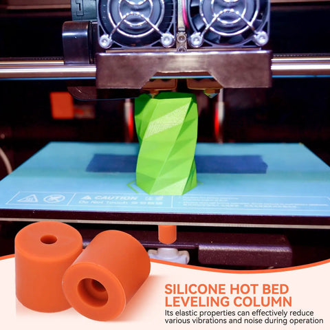 Silicone Bed Leveling Mounts For 3D Printer 12 Pack shown beneath heat bed while printing, demonstrating quiet shock absorption.