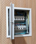 Rock Solid Flush Mount Access Panel For Drywall With Heavy Duty Aluminum Frame And Sleek Galvanized Steel Cover Fast Snap Install For Laundry Chutes Plumbing Hatches And Electrical Panels open to reveal electrical wiring.