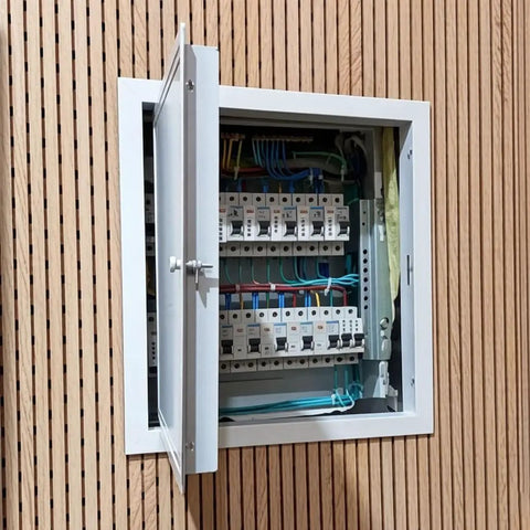 Rock Solid Flush Mount Access Panel For Drywall With Heavy Duty Aluminum Frame And Sleek Galvanized Steel Cover Fast Snap Install For Laundry Chutes Plumbing Hatches And Electrical Panels open to reveal electrical wiring.