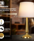Gold lamp with white drum shade showcasing USB charging feature, touch control, and 5000mAh battery on a living room table.
