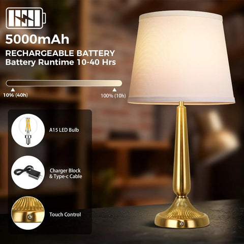 Gold lamp with white drum shade showcasing USB charging feature, touch control, and 5000mAh battery on a living room table.
