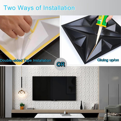 Double-sided tape and gluing for 33 Pack 3D Wall Panels PVC Textured White 12x12 Inches Interior Wall Decor Covering 32 Sq Ft