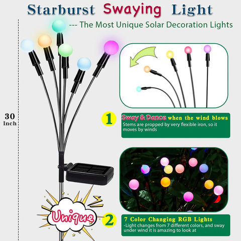 Solar Starburst Garden Lights Set Of 4 That Sway With The Breeze Color Changing RGB Outdoor Decor for Yard, Patio, Pathway