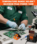 Technician using 939D Plus Digital Soldering Station with 100W PID Temperature Control on circuit board in lab setting