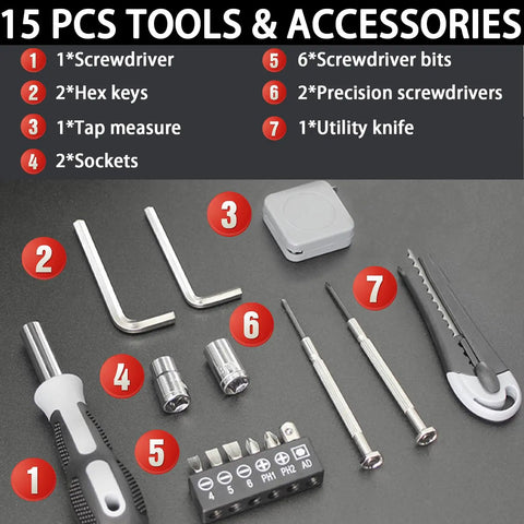 15-piece tool kit for 2-In-1 Camping Lantern And 15 Piece Tool Kit For Outdoors And Survival Gear with screwdrivers and knife.