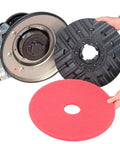 Close-up of Corded Low Speed Floor Machine components, showing 17 Inch Cleaning Path and detachable pads