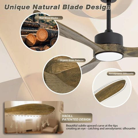 Close-up of 52 Inch Wood Ceiling Fan With Lights And Remote 120V DC Motor, natural wood grain and aerodynamic blade design.