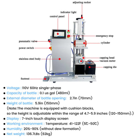 Hella Compatible 110V Semi Automatic Vacuum Capping Machine With 2.7 Inch Bottle Opening And Adjustable 4.7 To 5.9 Inch Height, featuring 7-inch touchscreen.