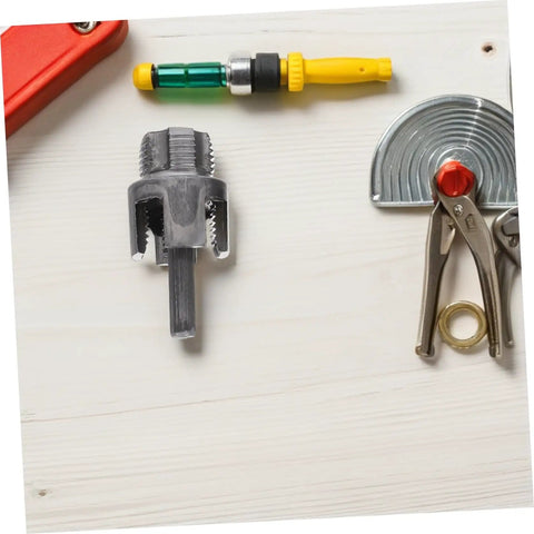 Ciieeo 3 Piece Pipe Threader Kit For Pvc Plumbing featuring a cutter head and level tool laid on a wooden surface.