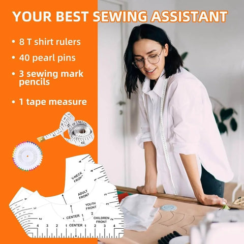 T Shirt Alignment Tool Set, Handy Vinyl Heat Press Kit With Eight Rulers, Soft Measuring Tape, Forty Color Pins in use