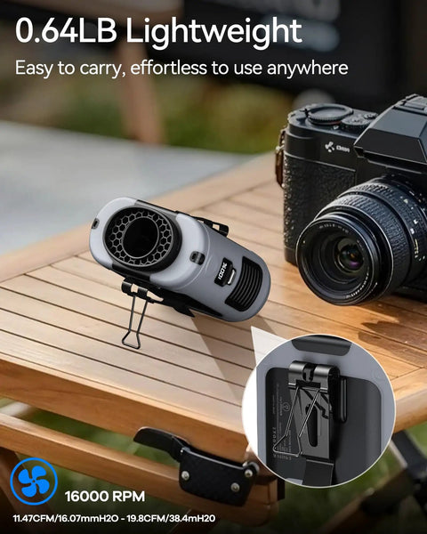 Waist Clip On Personal Fan With 10000mAh Battery, Hands Free Belt Cooler On The Go, USB Type C Power Bank, Built In Flashlight shown on a table
