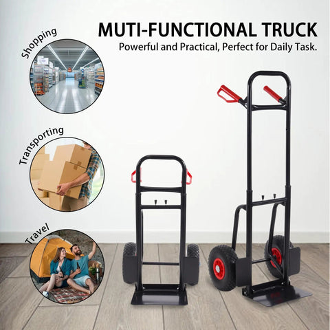 Folding Flatbed Hand Truck With Telescoping Handle Two Wheel Portable Dolly Cart Heavy Duty Utility Cart For Home And Commercial Use 220 Lb Capacity Easy Fold To Store Quiet Ride Stable On Rough Surfaces shown upright and folded