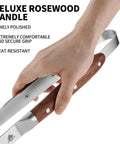 Hand holding Heavy Duty Rosewood Handle BBQ Grill Tongs Measuring 16.7 Inches Long, Premium Stainless Steel Grilling Tool For Outdoor Barbecues