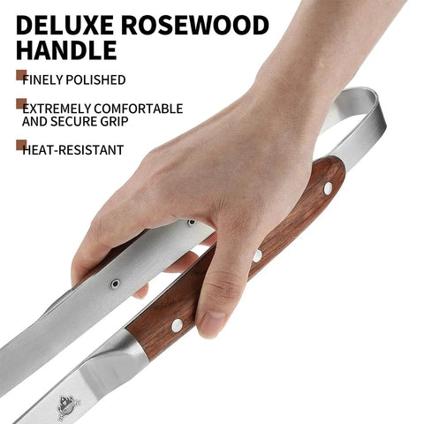 Hand holding Heavy Duty Rosewood Handle BBQ Grill Tongs Measuring 16.7 Inches Long, Premium Stainless Steel Grilling Tool For Outdoor Barbecues