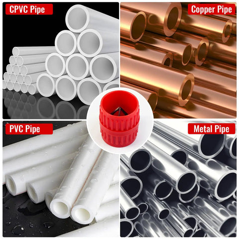 Pro Grade Pipe Deburring Tool Kit With One Quarter To One Inch Depth Gauge And One Eighth To One And Five Eighths Inch Inner Outer Reamer For Copper PVC CPVC PPR Brass Aluminum Pipe 4 Pack, red reamer tool displayed with various pipe types