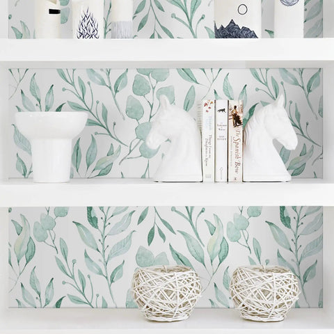 Green Leaf Floral Peel and Stick Wallpaper Self Adhesive Wall Covering 17.7 x 394 Inches Watercolor Leaves Removable Contact Paper