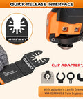 AMZWEI 28-piece titanium oscillating saw blade set with quick-release interface and 3 clip adapters.