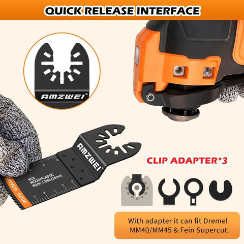 AMZWEI 28-piece titanium oscillating saw blade set with quick-release interface and 3 clip adapters.