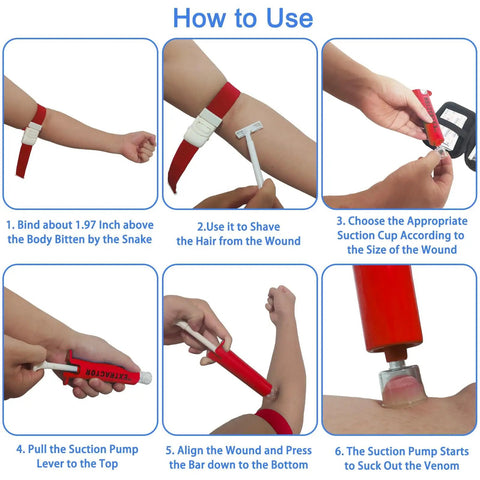 How to use All Purpose Snake Bite Kit For Humans And Pets With Venom Extractor Pump, step-by-step instructions for hiking and camping.