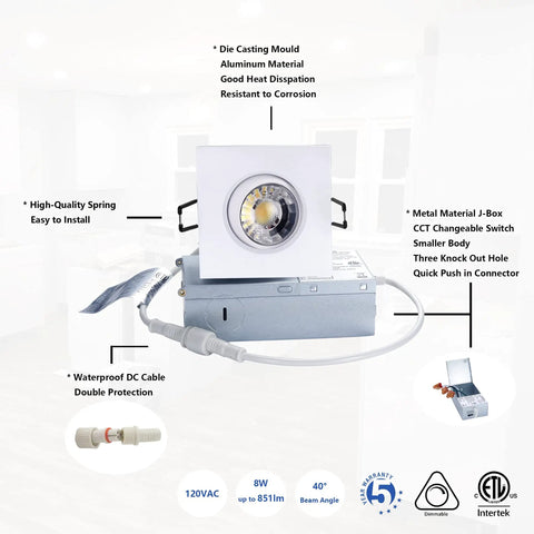 Image of Six Pack Dope 3 Inch Canless Recessed Gimbal Downlight With 360 Degree Rotating Eyeball, white square finish, junction box included.